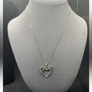 SPARKLING ICE RHINESTONE DOUBLE HEART PENDANT SILVER TONE CHAIN NECKLACE